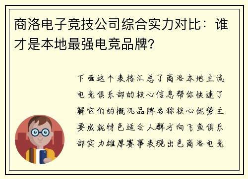 商洛电子竞技公司综合实力对比：谁才是本地最强电竞品牌？